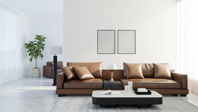 Blank poster frames mock up in scandinavian style living room interior, modern living room interior background, brown leather sofa, 3d rendering