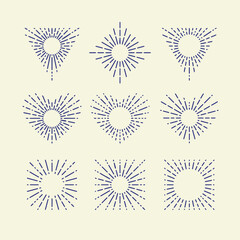 Set of Vintage Sunbursts in Different Shapes. Trendy Hand Drawn Retro Bursting Rays Design Elements. Hipster Vector illustration