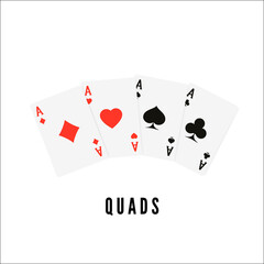 Ace. Playing card four of a kind or quads. Poker or blackjack winner cards. Vector