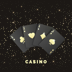 Four black poker cards with gold label. Quads or four of a kind by ace. Casino banner or poster in royal style. Vector