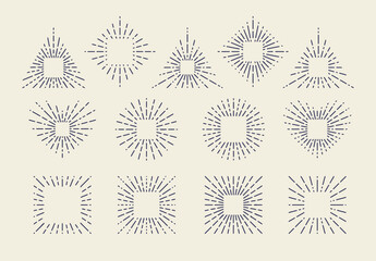 Set of Vintage Sunbursts in Different Shapes. Trendy Hand Drawn Retro Bursting Rays Design Elements. Hipster Vector illustration