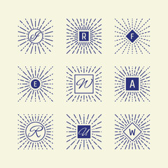 Set of Vintage Sunbursts in Different Shapes. Trendy Hand Drawn Retro Bursting Rays Design Elements. Hipster Vector illustration