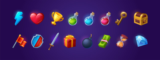 Set of game icons, shield, sword, lightning flash and heart, golden cup, magic potion flasks, gold key and treasure chest. Cartoon 3d ui flag, gift box, bomb and money bills, hourglass and brilliant - obrazy, fototapety, plakaty