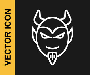 White line Devil head icon isolated on black background. Happy Halloween party. Vector