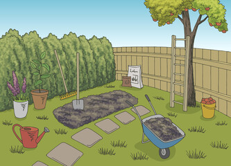 Work in garden yard graphic color landscape sketch illustration vector © aluna1