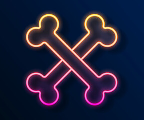 Glowing neon line Crossed bones icon isolated on black background. Pets food symbol. Happy Halloween party. Vector