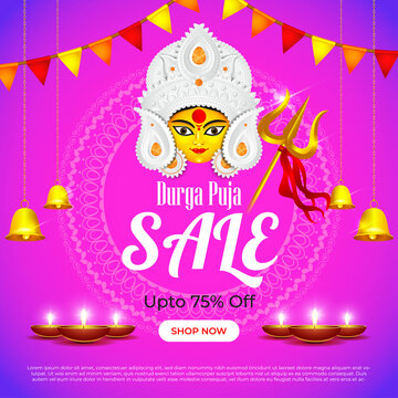 Vector Illustration For Indian Hindu Festival Durga Puja Sale Banner, Flyer Poster