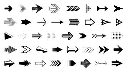 Arrow symbols big set of different shapes styles and concepts, cursors for icons or logo creation, single color monochrome logotypes.