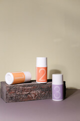 Skincare routine 1 2 3 step for healthy skin - serum, lotion or eye cream packaging. Beauty and cosmetic concept. Copy space.