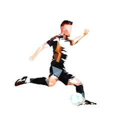 Fototapeta na wymiar Football, soccer player kicking ball, low polygonal vector illustration. Side view. Geometric isolated silhouette