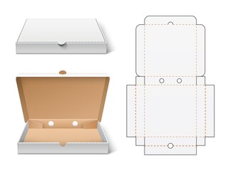 Unwrapped pizza box. Realistic 3d white cardboard fast food packaging mockup, open and closed view, container cutting scheme. Vector concept