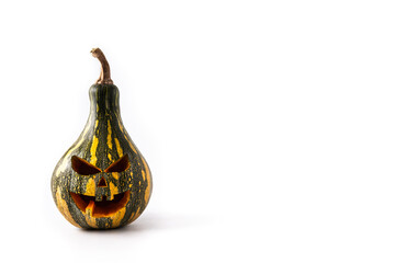 Halloween green pumpkin isolated on white background.Copy space