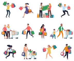 Fototapeta na wymiar Supermarket people. Shopping process men and women, variety characters with bags and store carts, season of discounts and sales. Vector set