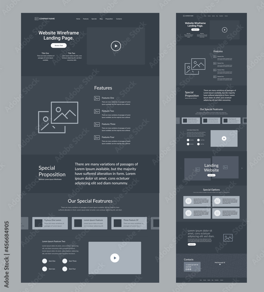 Canvas Prints landing page design. dark site wireframe layout interface.