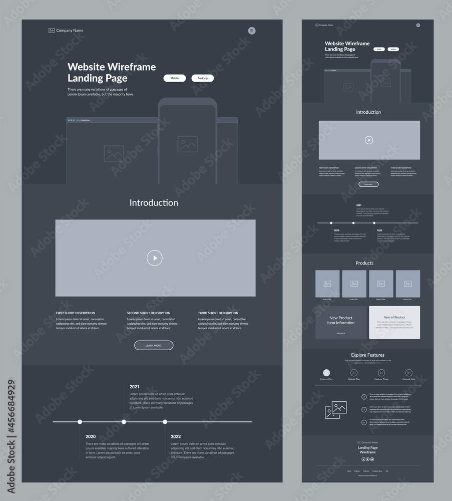 Wall mural landing page design. dark site wireframe layout interface.