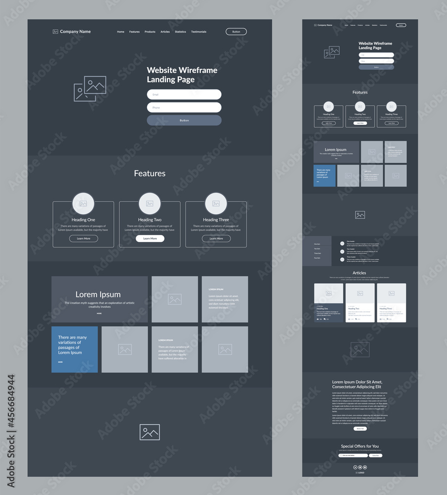 Sticker landing page design. dark site wireframe layout interface.