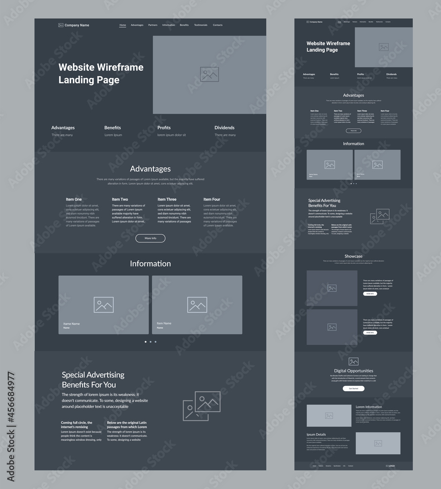 Wall mural website template landing page design. dark site wireframe layout interface.