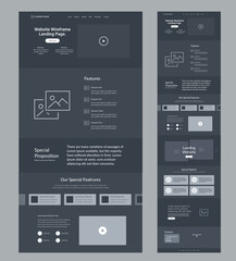 Landing page design. Dark site wireframe layout interface.