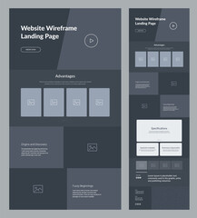 Landing page design. Dark site wireframe layout interface.