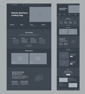 Website template landing page design. Dark site wireframe layout interface.