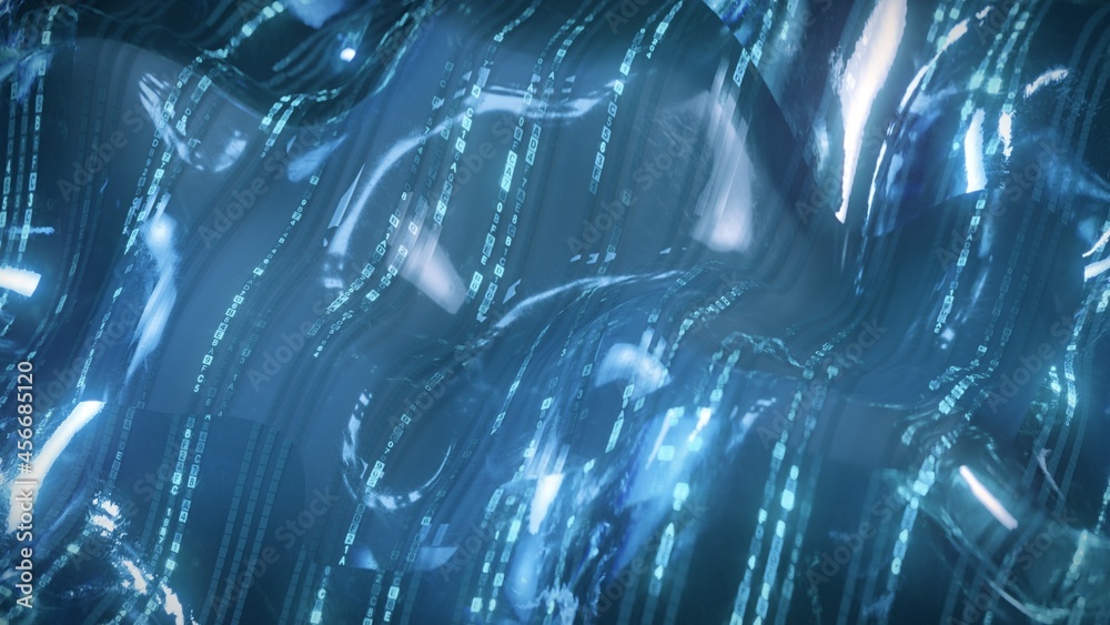 Wall mural wavy lines with hex blue computer code. futuristic digital technologies concept. 3d render illustrat