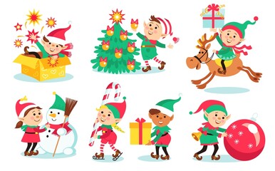 Naklejka premium Kids christmas elves. Children in holiday costumes, happy little Santa helpers, fantasy people with gifts, new year creatures, vector set