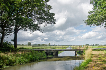 Fototapeta premium Landscape in the region of Salland in the Netherlands, with trees, meadows, a canal and a simple bridge under a sky with clouds