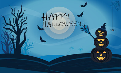 Halloween background with a full moon, pumpkins and trees, a spider and bats. The finished picture is a postcard in a vector.