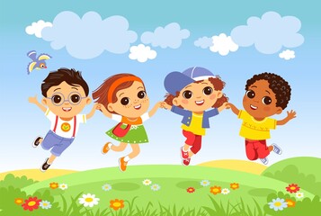 Obraz na płótnie Canvas Kids jumping grass. Happy children having fun on nature, joyful boys and girls outdoor activity, little friends funny team, vector concept