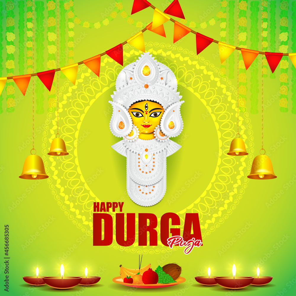 Wall mural illustration of Goddess Durga Face in Happy Durga Puja, Subh Navratri abstract background, the written text means Durga Puja