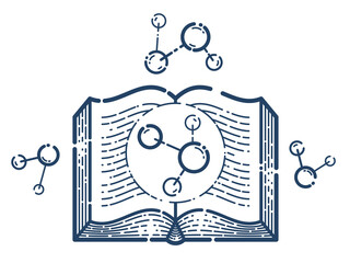 Open book with molecule vector linear icon, education and scientific literature library reading line art symbol or logo, chemistry or physics.