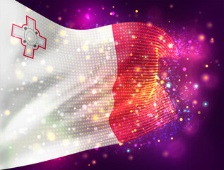 Malta, vector 3d flag on pink purple background with lighting and flares