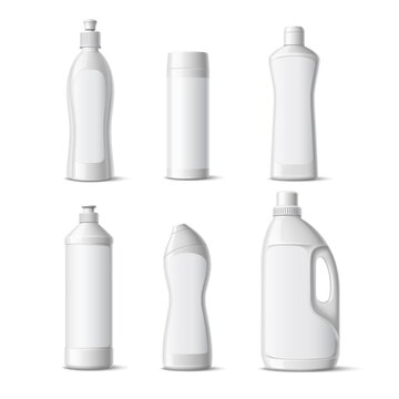 Realistic detergent bottles. Isolated white plastic containers for domestic chemicals, cleaning products blank packaging mockup, vector set