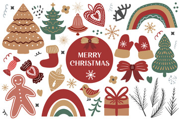 Merry Christmas Boho set elements. Bohemian holiday collection clip art hand drawing style. Gingerbread, Christmas tree, gifts. Vector illustration