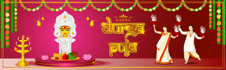 illustration of Goddess Durga Face in Happy Durga Puja, Subh Navratri abstract background, the written text means Durga Puja