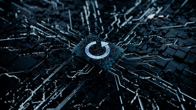Reload Technology Concept with refresh symbol on a Microchip. Data flows from the CPU across a Futuristic Motherboard. 3D render.