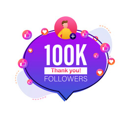 Thank you 100000 followers numbers. Flat style banner. Congratulating multicolored thanks image for net friends likes. Vector illustration.