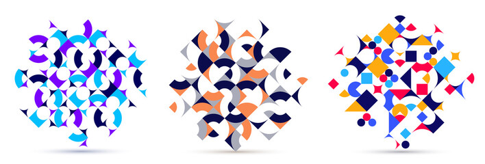 Abstract geometric backgrounds set isolated over white, vector design elements in retro style of 70s, modern modular compositions with colorful geometrical shapes.