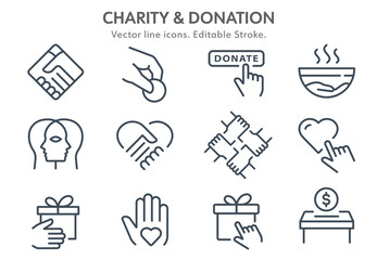 Charity icon set. Collection of donate, social, help, solidarity and more. Editable stroke. Change to any any colour.