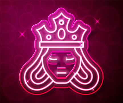 Glowing neon line Princess or queen wearing her crown icon isolated on red background. Medieval lady. Vector