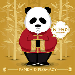 panda wears traditional costume and says hello in Chinese language.