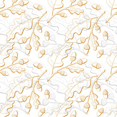 Autumn pattern of oak acorns, branch with leaves and acorn nuts, hand drawing doodling, orange and gray color, on a white background. Vector illustration