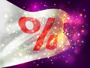 sale and discounts vector 3d flag on pink purple background with lighting and flares