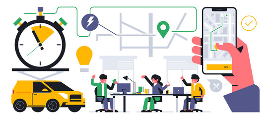 Online food delivery service. Office workers order food delivery. Hand holding phone, map, address, street, route, GPS, time, stopwatch, courier car. Vector illustration.