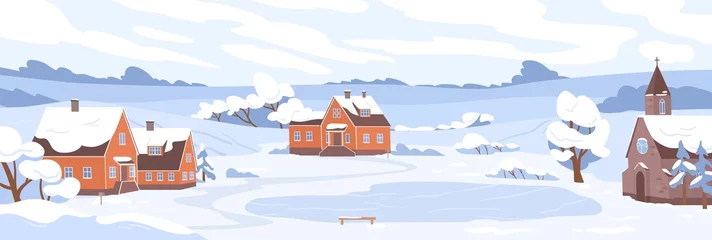 Poster Winter village landscape with houses and trees covered with snow. Panorama of rural nature with buildings and rink in cold weather. Peaceful outdoor scenery of countryside. Flat vector illustration © Good Studio