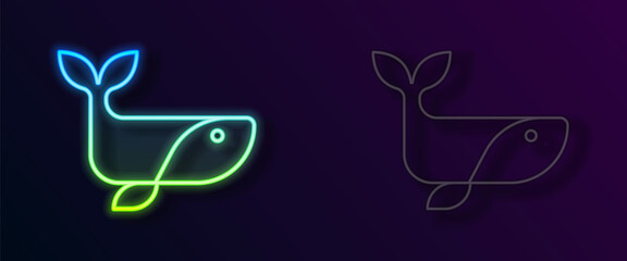 Glowing neon line Whale icon isolated on black background. Vector