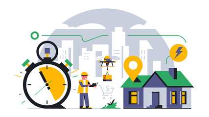 Online parcel delivery service to your home. A flying drone delivers a parcel to the house. Future technologies, flying machine, courier, time, stopwatch, route. Vector illustration.