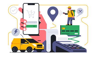 Online food delivery service to your home. Successful online payment for food delivery through a mobile application. Courier, car, payment terminal, bank card, hand, app, route. Vector illustration