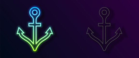 Obraz premium Glowing neon line Anchor icon isolated on black background. Vector