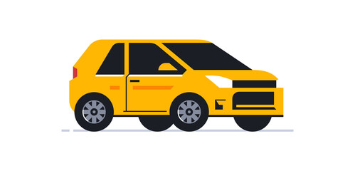 Car for an online delivery service for parcels and food to your home. Transport for delivering parcels to your home. Yellow car side view in half turn.Vector illustration isolated on white background